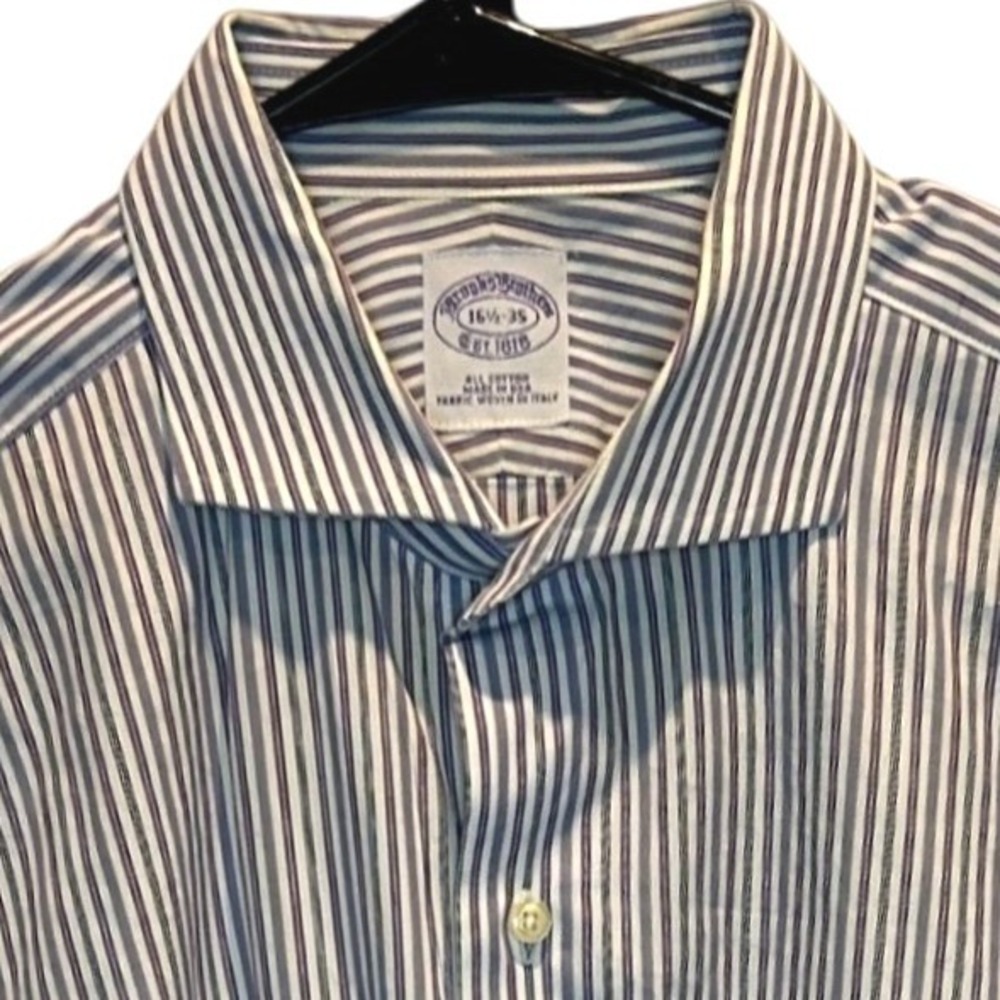 Brooks Brothers Dress Shirt 16.5-35 Mens Blue Purple Stripe Made in USA Cotton